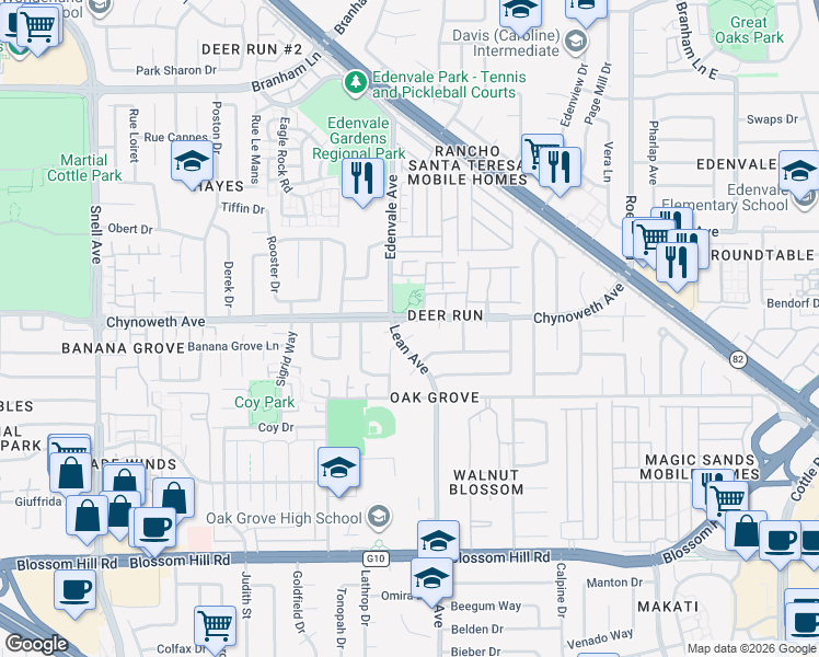 map of restaurants, bars, coffee shops, grocery stores, and more near 90 Pear Blossom Court in San Jose