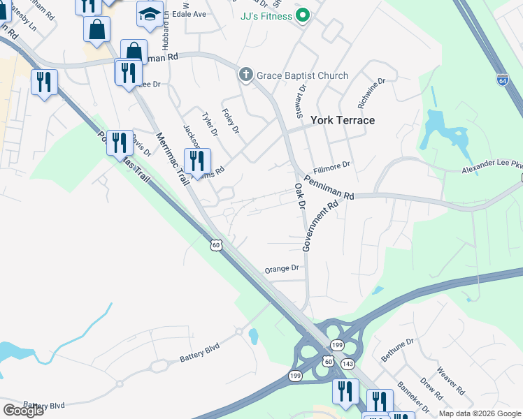 map of restaurants, bars, coffee shops, grocery stores, and more near 1311 Moses Lane in Williamsburg