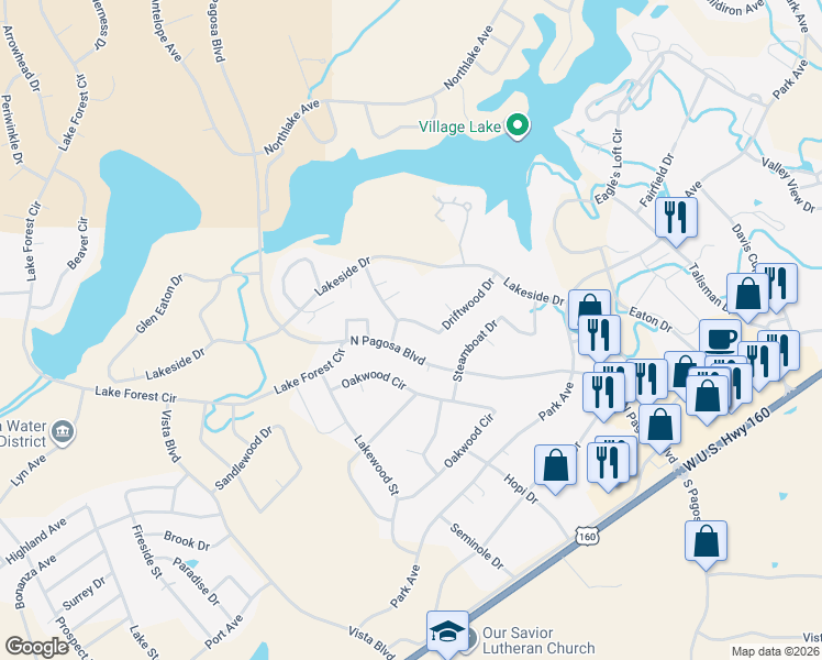 map of restaurants, bars, coffee shops, grocery stores, and more near 85-103 Driftwood Dr in Pagosa Springs