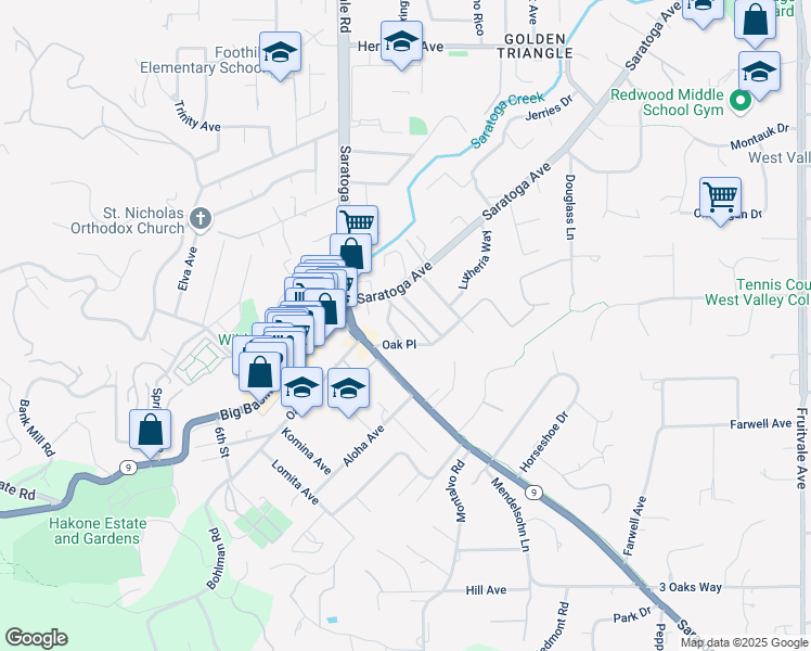 map of restaurants, bars, coffee shops, grocery stores, and more near 20375 Park Place in Saratoga