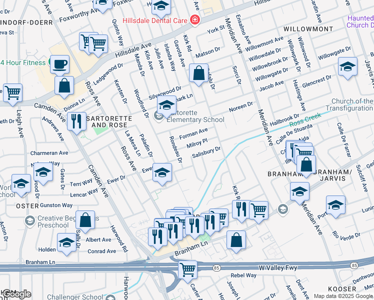 map of restaurants, bars, coffee shops, grocery stores, and more near 1684 Milroy Place in San Jose