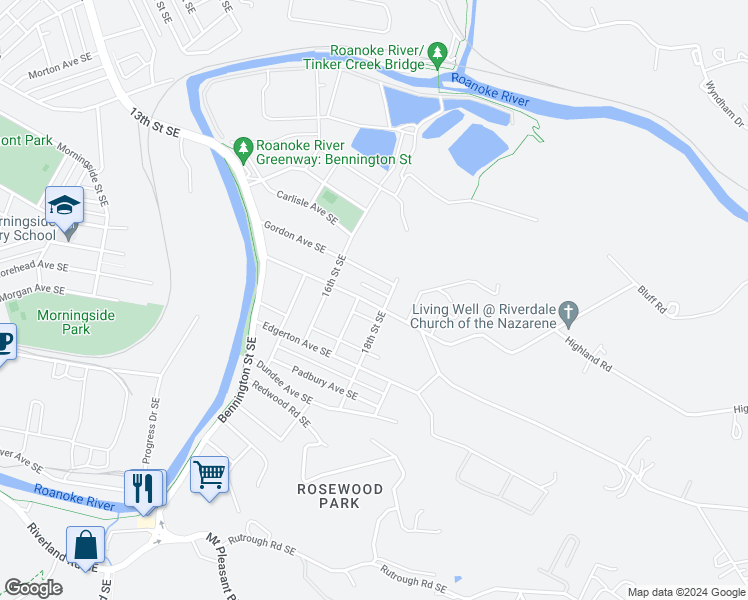 map of restaurants, bars, coffee shops, grocery stores, and more near 1714 Riverdale Road Southeast in Roanoke