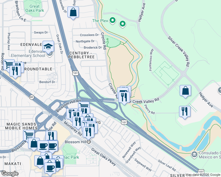 map of restaurants, bars, coffee shops, grocery stores, and more near 1106 Coyote Road in San Jose