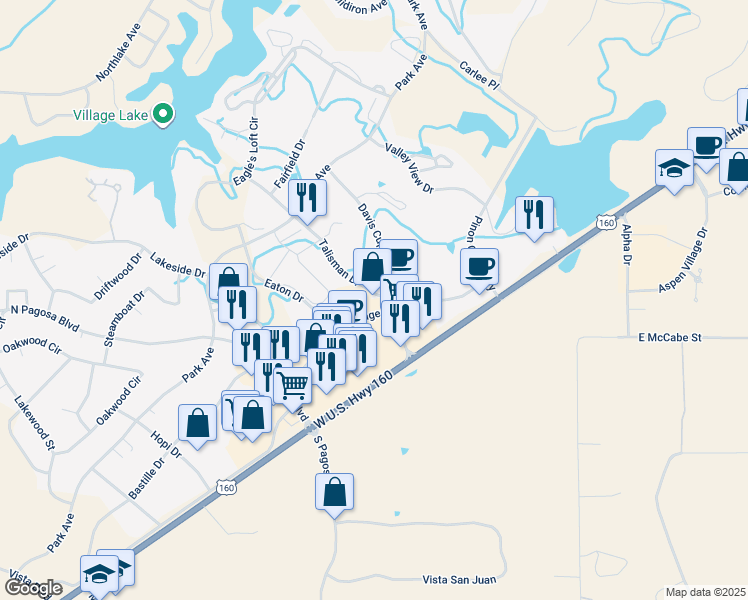 map of restaurants, bars, coffee shops, grocery stores, and more near 190 Talisman Drive in Pagosa Springs