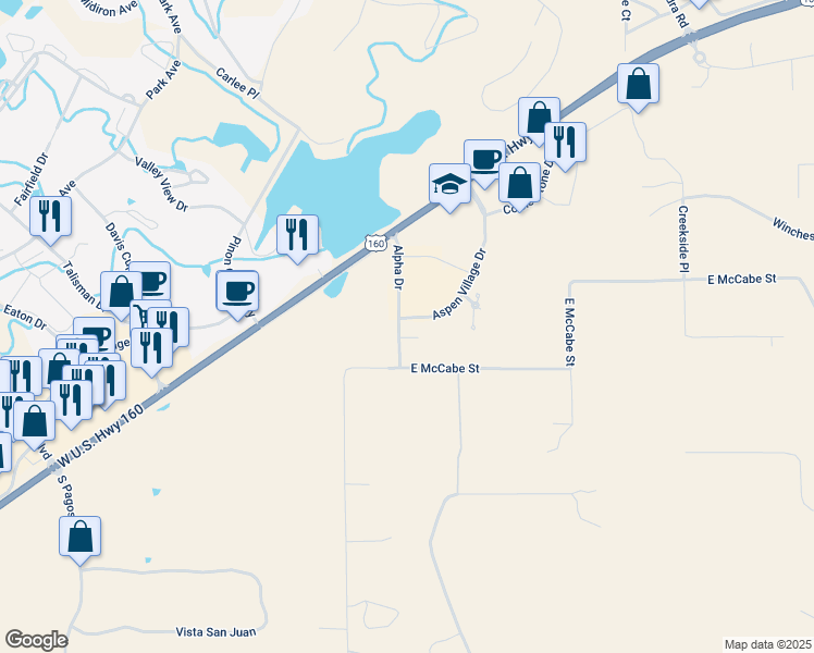 map of restaurants, bars, coffee shops, grocery stores, and more near 210 Aspen Village Drive in Pagosa Springs