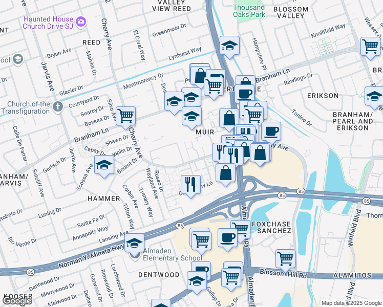 map of restaurants, bars, coffee shops, grocery stores, and more near 4970 Cherry Avenue in San Jose