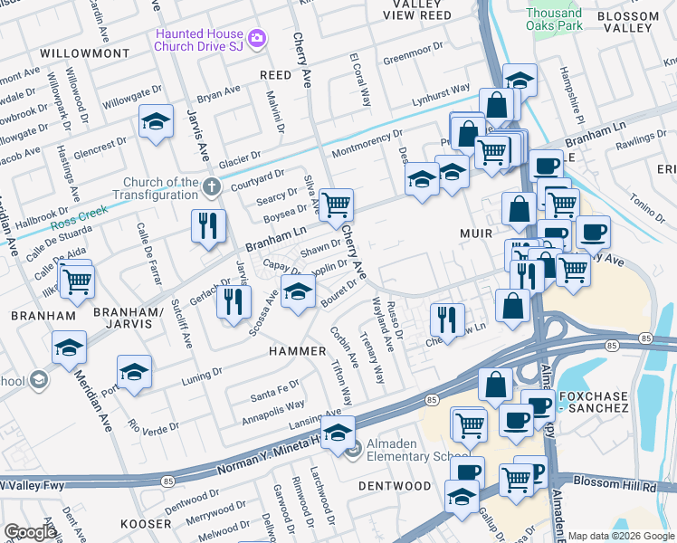 map of restaurants, bars, coffee shops, grocery stores, and more near 1322 Joplin Drive in San Jose