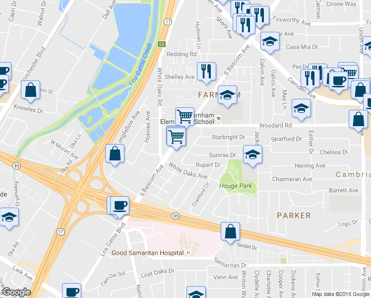 map of restaurants, bars, coffee shops, grocery stores, and more near 3967 Starview Drive in San Jose