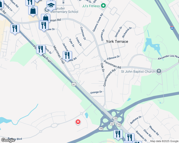 map of restaurants, bars, coffee shops, grocery stores, and more near 1311 Moses Lane in Williamsburg