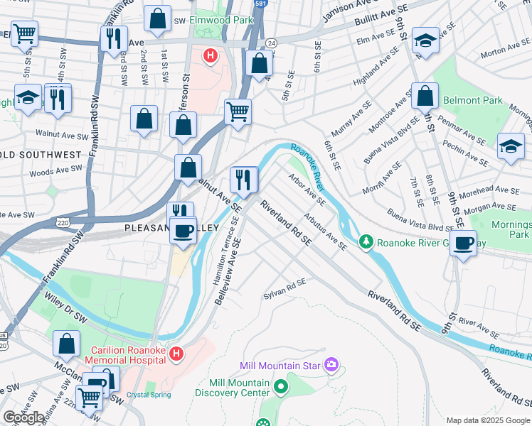 map of restaurants, bars, coffee shops, grocery stores, and more near 417 Riverland Road Southeast in Roanoke