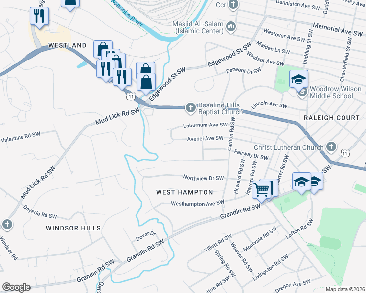 map of restaurants, bars, coffee shops, grocery stores, and more near 2748 Avenel Avenue Southwest in Roanoke