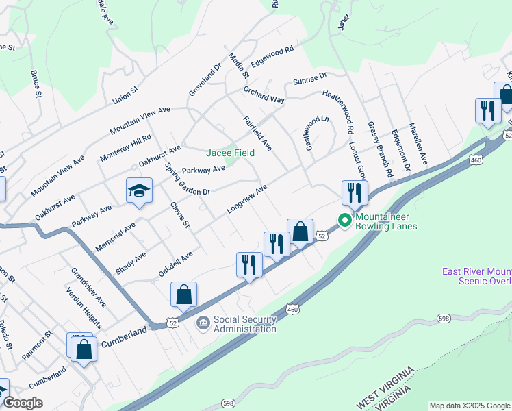 map of restaurants, bars, coffee shops, grocery stores, and more near 2707 Crestwood Dr in Bluefield