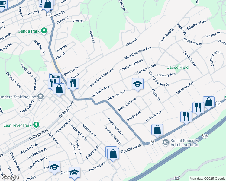 map of restaurants, bars, coffee shops, grocery stores, and more near 2208 Ledge Street in Bluefield