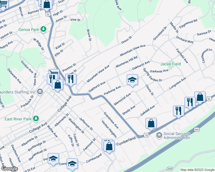 map of restaurants, bars, coffee shops, grocery stores, and more near 2208 Ledge Street in Bluefield
