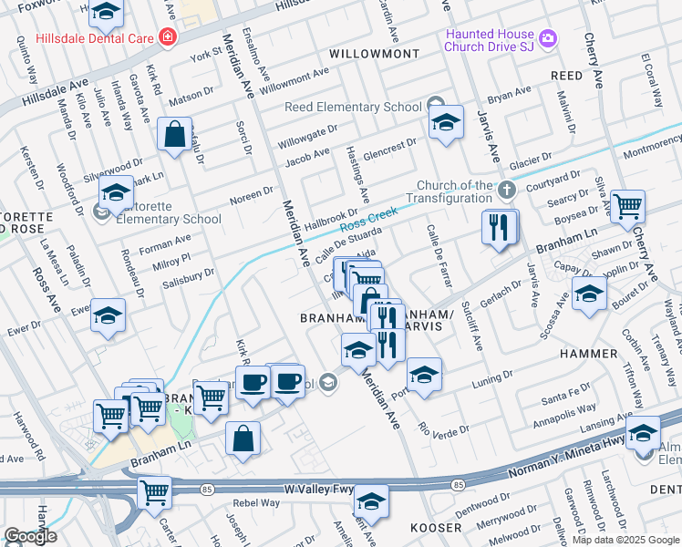 map of restaurants, bars, coffee shops, grocery stores, and more near 1578 Calle De Aida in San Jose