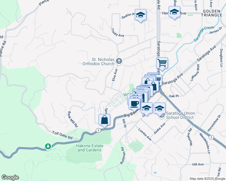 map of restaurants, bars, coffee shops, grocery stores, and more near 20840 4th Street in Saratoga