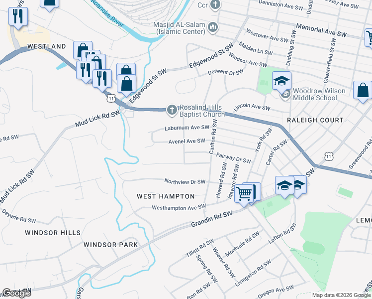 map of restaurants, bars, coffee shops, grocery stores, and more near 2649 Fairway Drive Southwest in Roanoke