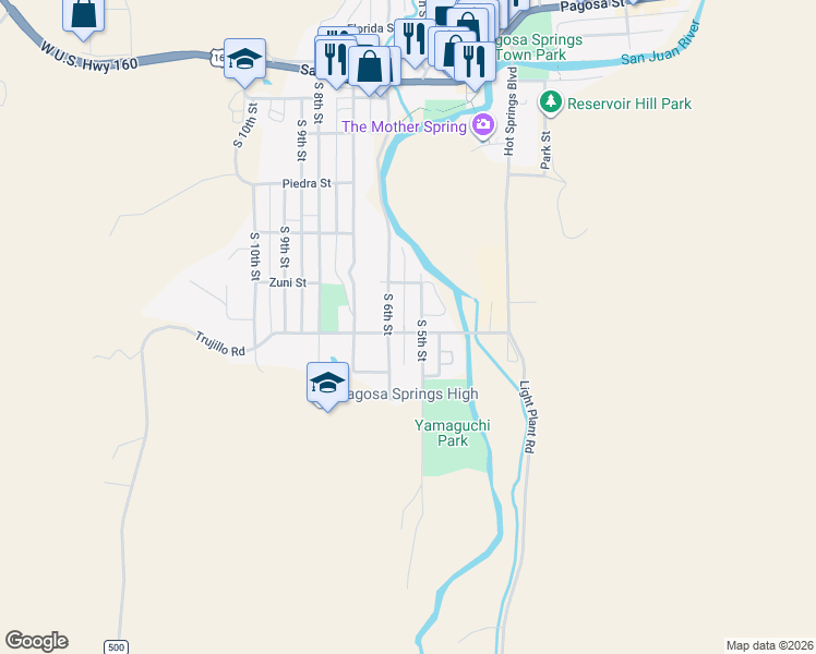 map of restaurants, bars, coffee shops, grocery stores, and more near 578 Apache Street in Pagosa Springs