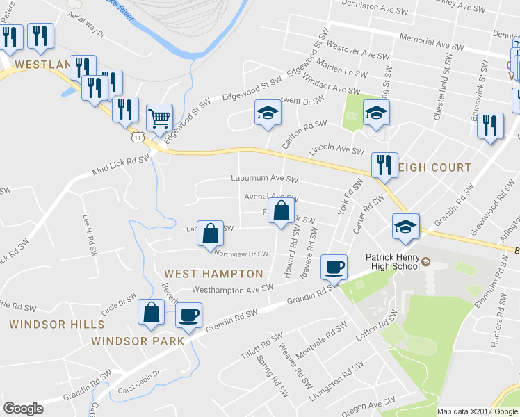 map of restaurants, bars, coffee shops, grocery stores, and more near 2625 Fairway Drive Southwest in Roanoke