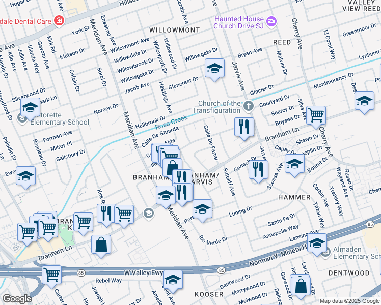 map of restaurants, bars, coffee shops, grocery stores, and more near 1525 Casa De Ponselle in San Jose