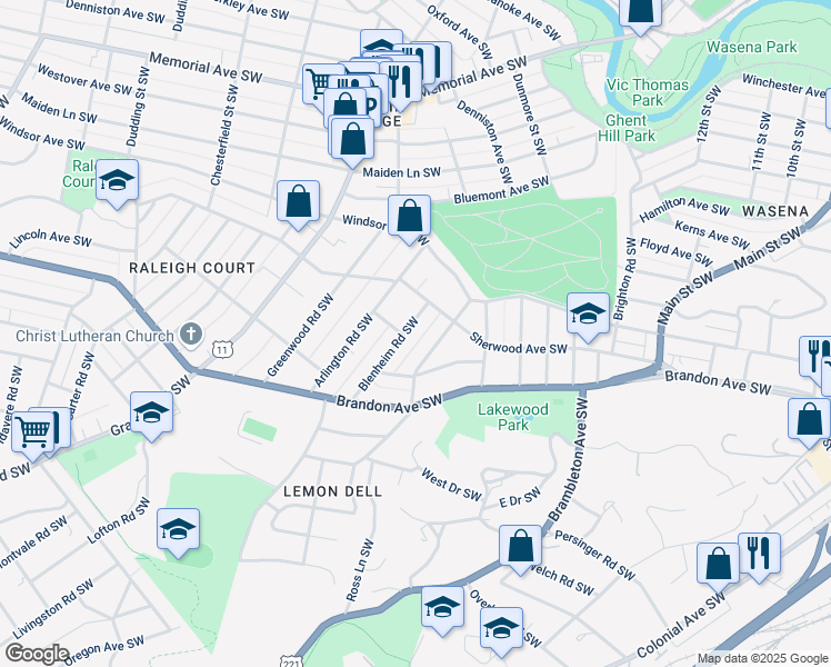 map of restaurants, bars, coffee shops, grocery stores, and more near 1828 Blenheim Road Southwest in Roanoke