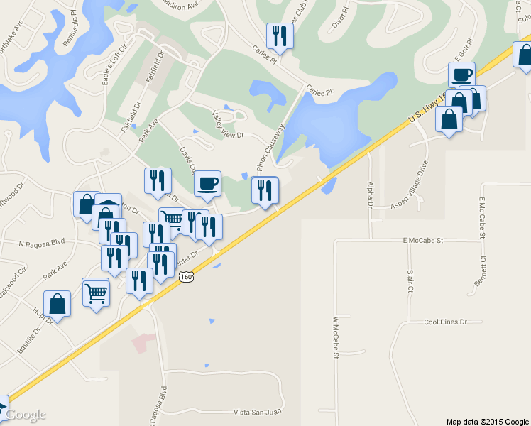 map of restaurants, bars, coffee shops, grocery stores, and more near 565 Village Drive in Pagosa Springs