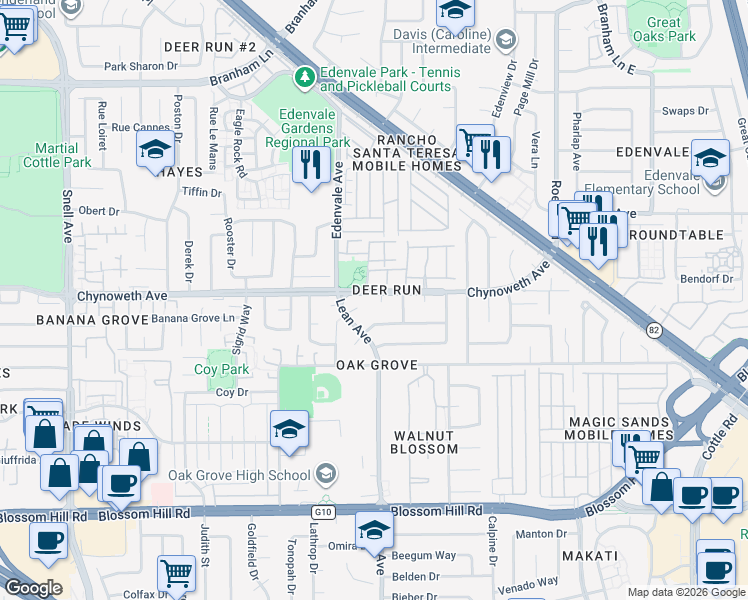 map of restaurants, bars, coffee shops, grocery stores, and more near 90 Pear Blossom Court in San Jose