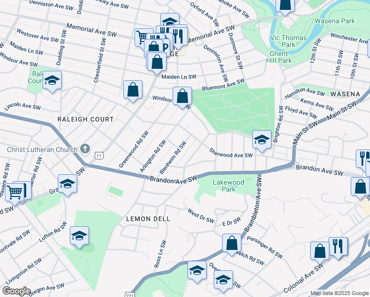 map of restaurants, bars, coffee shops, grocery stores, and more near 1828 Blenheim Road Southwest in Roanoke