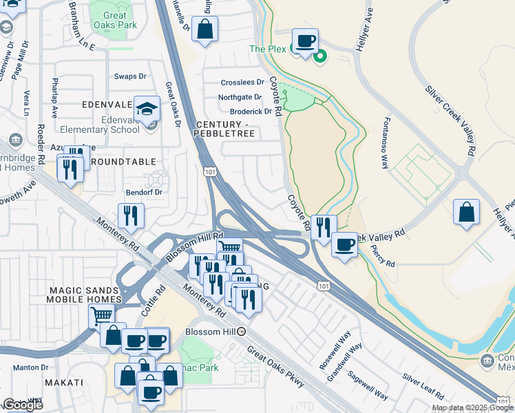 map of restaurants, bars, coffee shops, grocery stores, and more near 5475 Century Park Way in San Jose