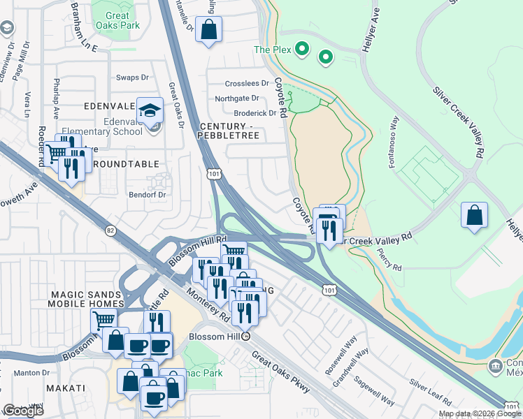 map of restaurants, bars, coffee shops, grocery stores, and more near 5475 Century Park Way in San Jose