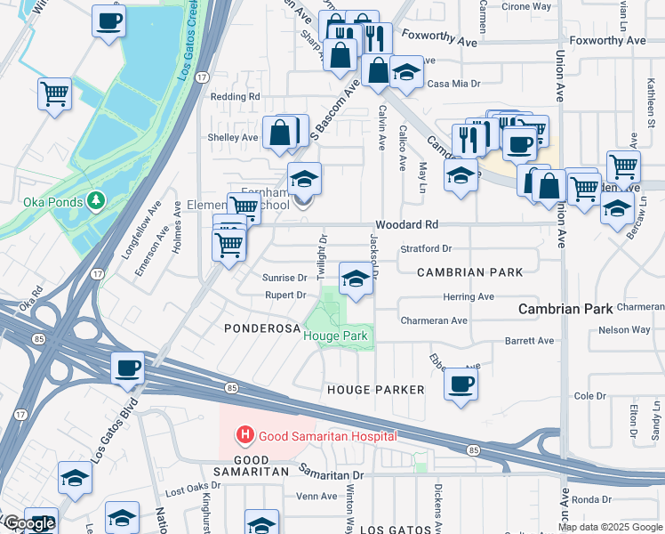map of restaurants, bars, coffee shops, grocery stores, and more near 2292 Stratford Drive in San Jose