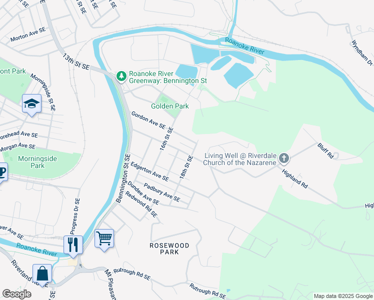 map of restaurants, bars, coffee shops, grocery stores, and more near 1714 Riverdale Road Southeast in Roanoke