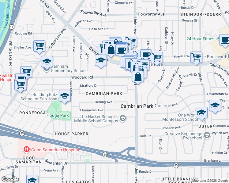 map of restaurants, bars, coffee shops, grocery stores, and more near 15171 Chelsea Drive in San Jose