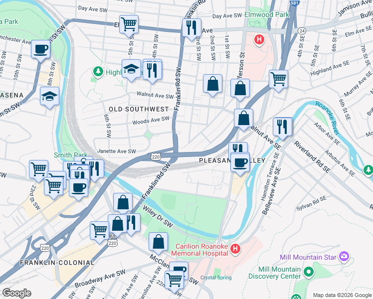 map of restaurants, bars, coffee shops, grocery stores, and more near 1510 Maple Avenue Southwest in Roanoke