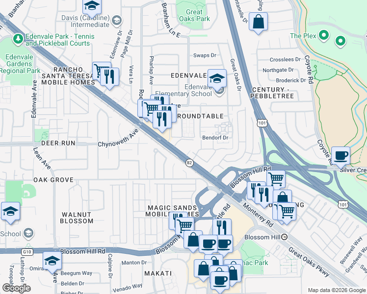 map of restaurants, bars, coffee shops, grocery stores, and more near 5334 Monterey Road in San Jose