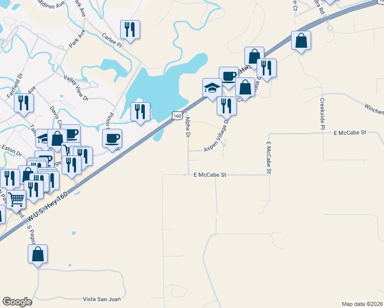 map of restaurants, bars, coffee shops, grocery stores, and more near 54 Alpha Drive in Pagosa Springs