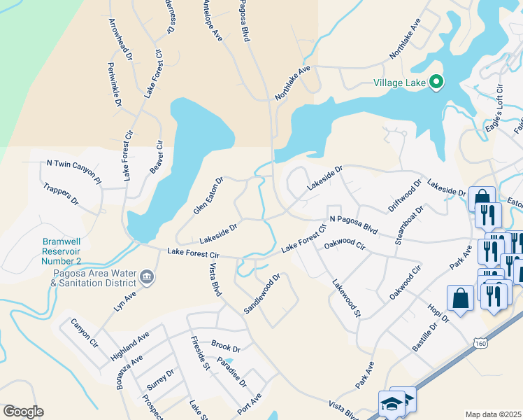 map of restaurants, bars, coffee shops, grocery stores, and more near 757 Lakeside Drive in Pagosa Springs