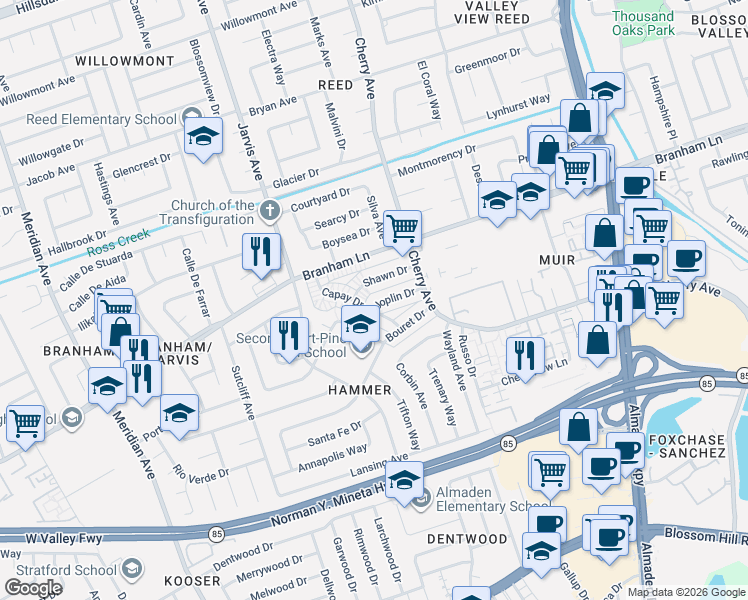 map of restaurants, bars, coffee shops, grocery stores, and more near 1345 Joplin Drive in San Jose
