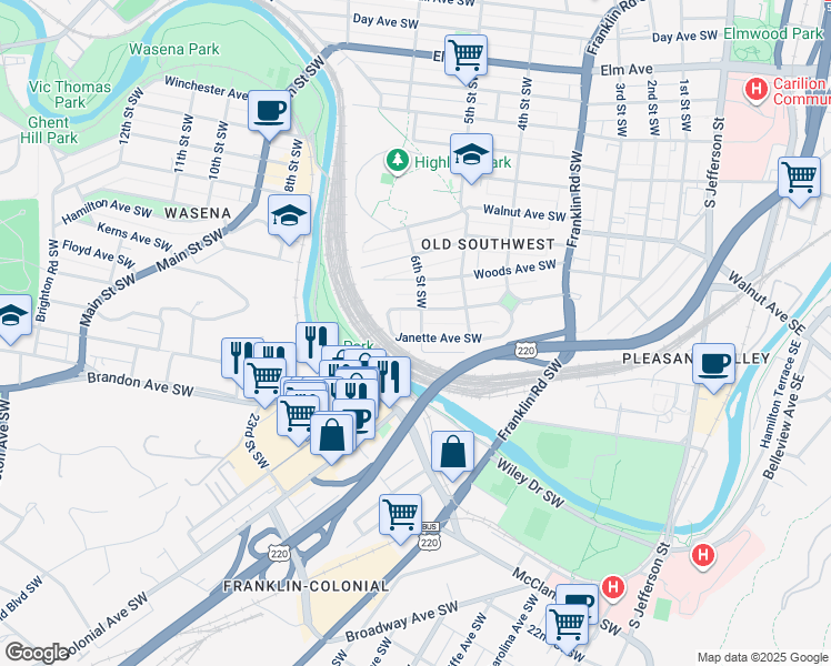 map of restaurants, bars, coffee shops, grocery stores, and more near 601 Janette Avenue Southwest in Roanoke