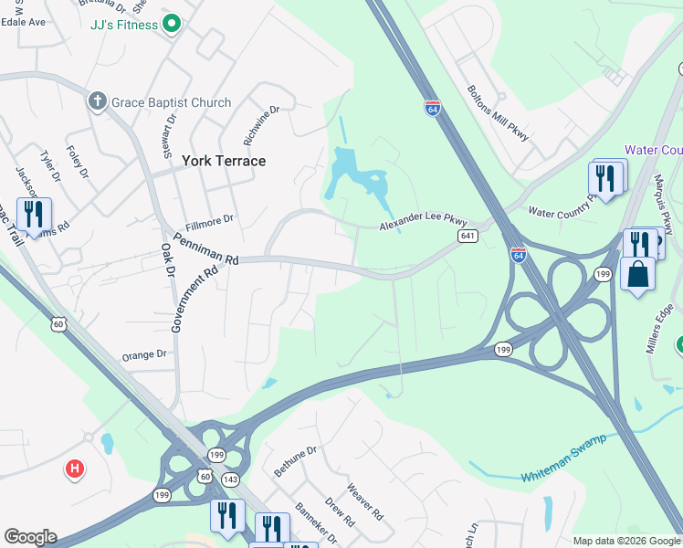 map of restaurants, bars, coffee shops, grocery stores, and more near 1359 Penniman Rd in Williamsburg