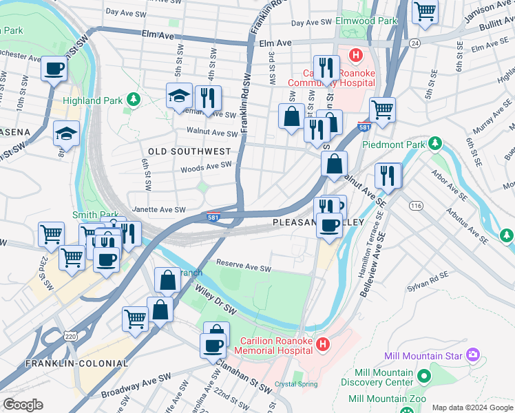 map of restaurants, bars, coffee shops, grocery stores, and more near 1510 Maple Avenue Southwest in Roanoke