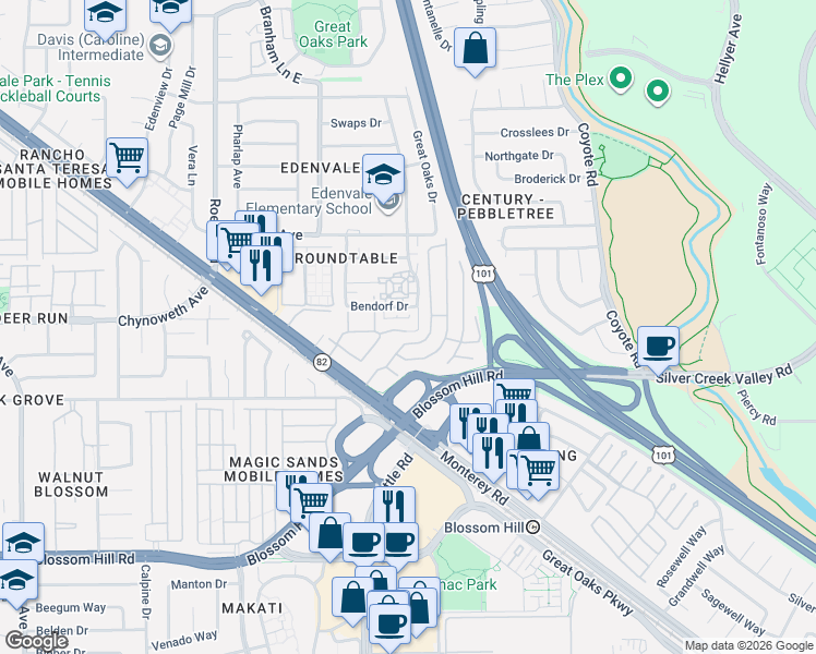 map of restaurants, bars, coffee shops, grocery stores, and more near 5372 Monterey Road in San Jose