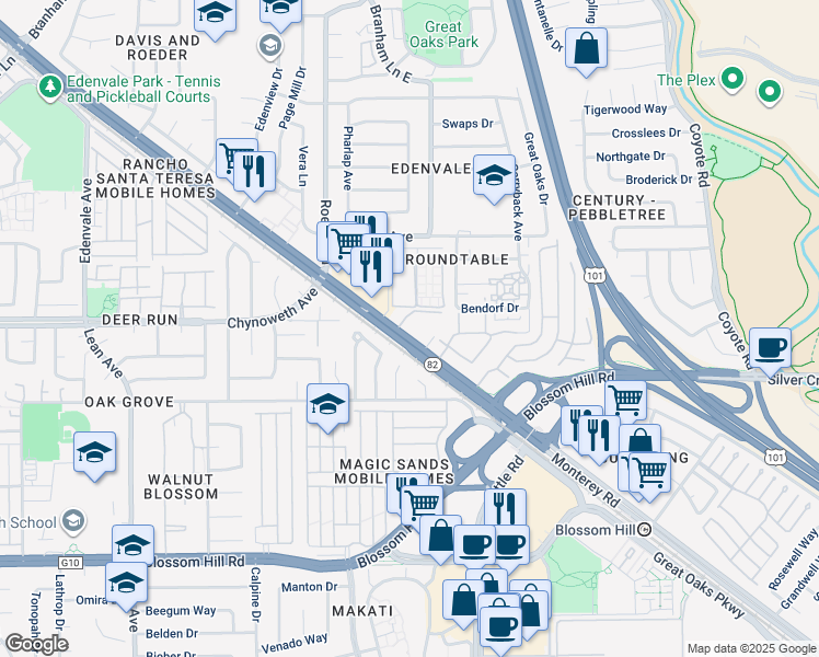 map of restaurants, bars, coffee shops, grocery stores, and more near 5334 Monterey Road in San Jose