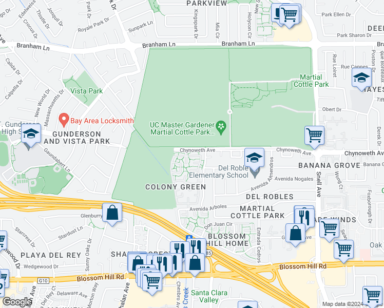 map of restaurants, bars, coffee shops, grocery stores, and more near in San Jose