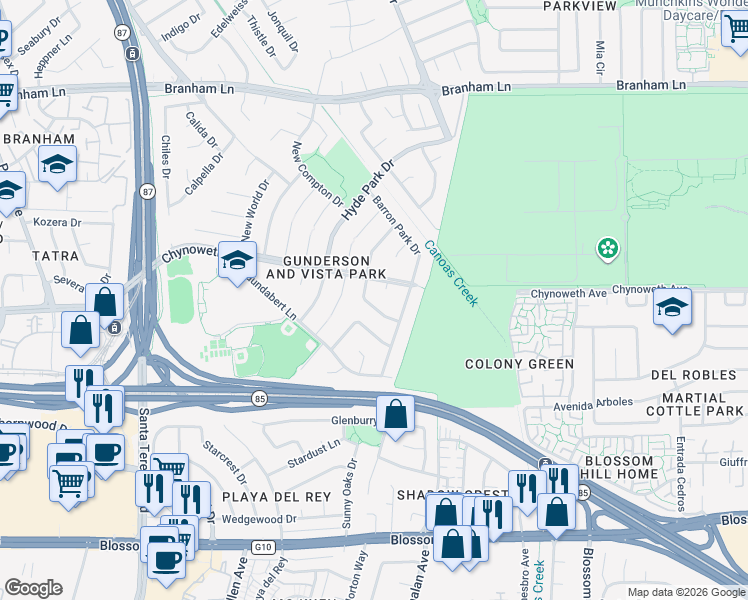 map of restaurants, bars, coffee shops, grocery stores, and more near 549 Churchill Park Drive in San Jose