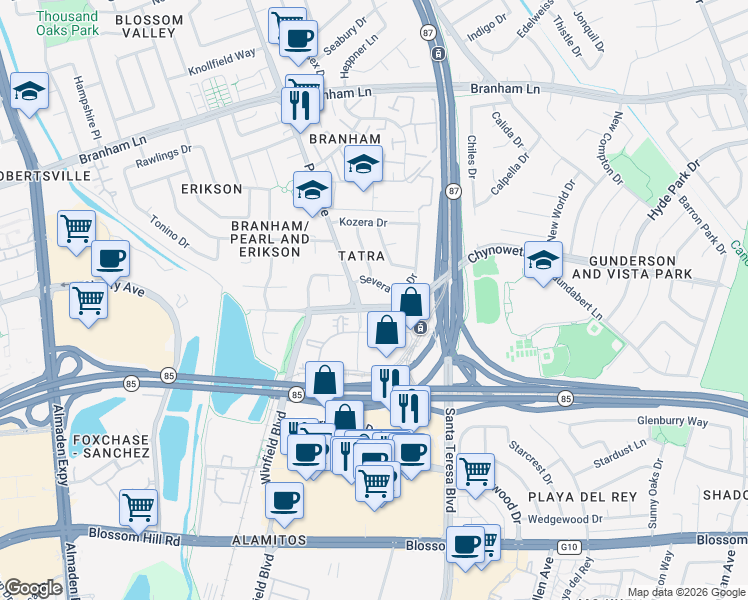 map of restaurants, bars, coffee shops, grocery stores, and more near 5110 Severance Drive in San Jose