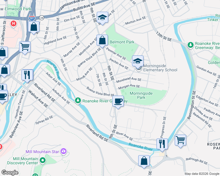 map of restaurants, bars, coffee shops, grocery stores, and more near 1625 8th Street Southeast in Roanoke