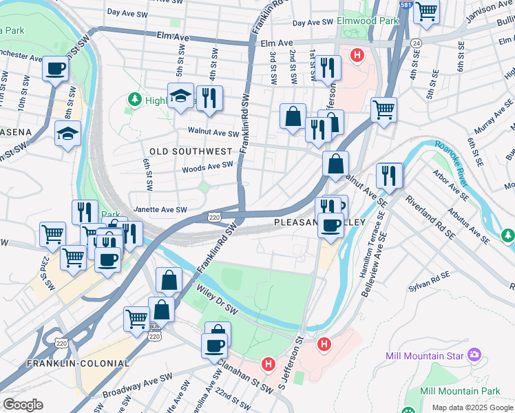 map of restaurants, bars, coffee shops, grocery stores, and more near 1510 Maple Avenue Southwest in Roanoke