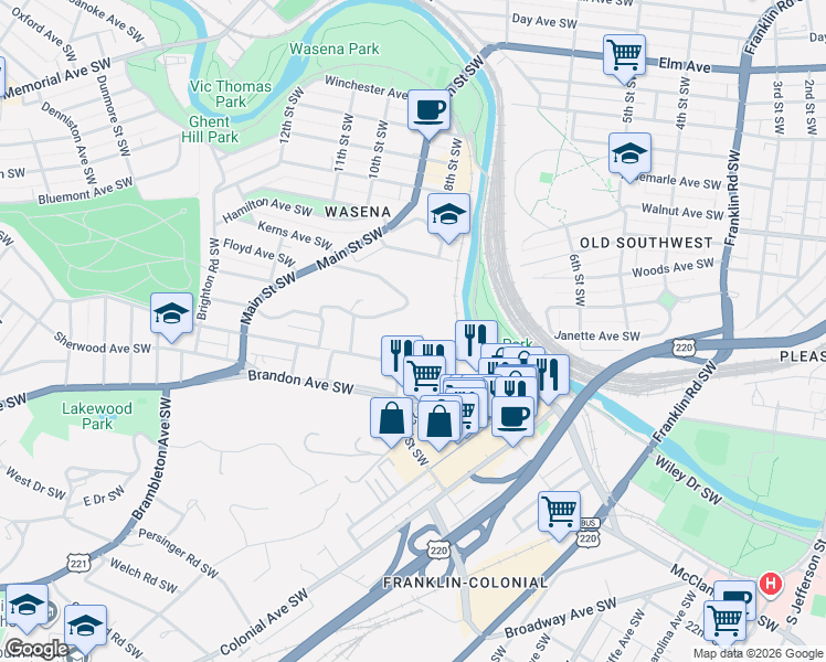 map of restaurants, bars, coffee shops, grocery stores, and more near 715 Suburban Avenue Southwest in Roanoke