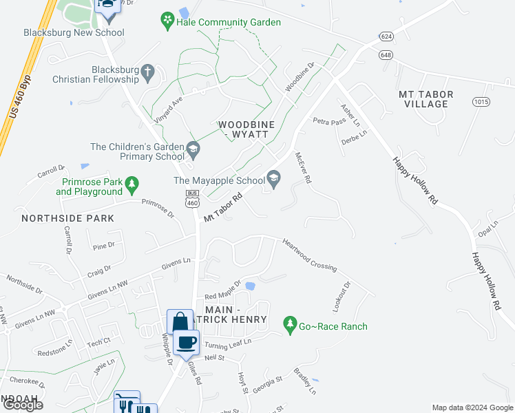 map of restaurants, bars, coffee shops, grocery stores, and more near 1913 Tabor Village Drive in Blacksburg